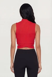 Rib Knit Criss Cross Hem Mock Neck Crop Top