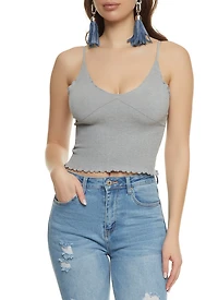 Womens Ribbed Knit Lettuce Edge Seamless Cami, Grey, Size S-M
