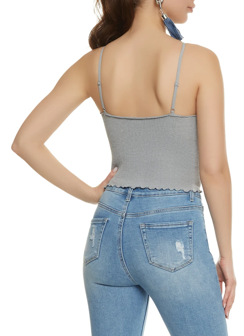 Womens Ribbed Knit Lettuce Edge Seamless Cami, Grey, Size S-M