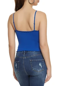 Womens Ribbed Knit Lettuce Edge Seamless Cami, Blue, Size S-M