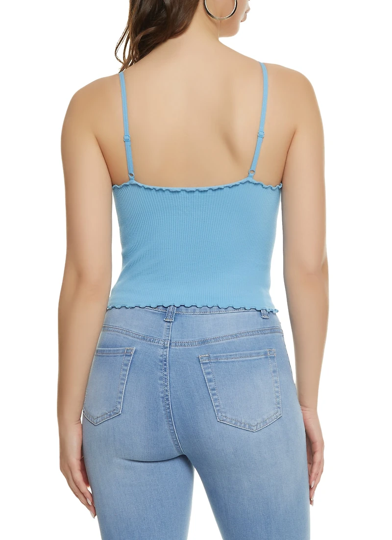 Womens Ribbed Knit Lettuce Edge Seamless Cami, Blue, Size M-L
