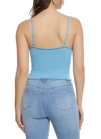 Womens Ribbed Knit Lettuce Edge Seamless Cami, Blue, Size M-L