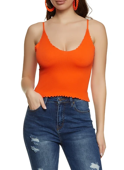 Womens Ribbed Knit Lettuce Edge Seamless Cami, Orange, Size M-L