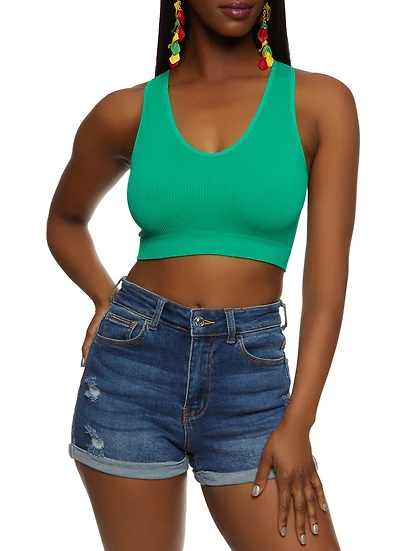 Womens Rib Knit Seamless Crop Top, Green, Size M-L