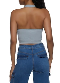 Womens Seamless Halter Neck Crop Top, Grey, Size M-L