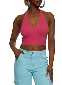 Womens Seamless Halter Neck Crop Top, Pink, Size S-M