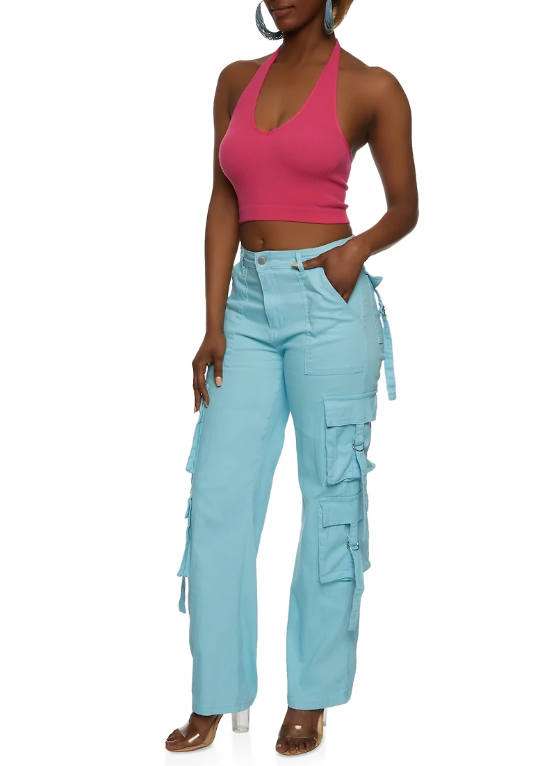 Womens Seamless Halter Neck Crop Top, Pink, Size S-M