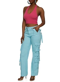 Womens Seamless Halter Neck Crop Top, Pink, Size S-M