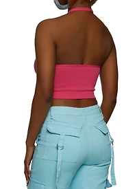Womens Seamless Halter Neck Crop Top, Pink, Size S-M