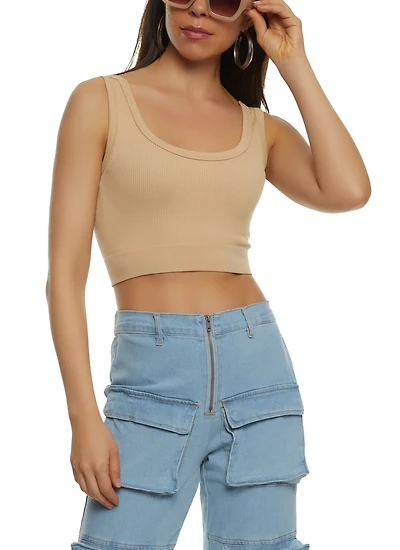Womens Ribbed Knit Seamless Crop Top, Beige, Size S-M
