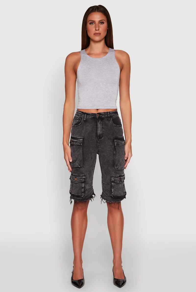Womens Crew Neck Cropped Tank Top, Grey, Size L