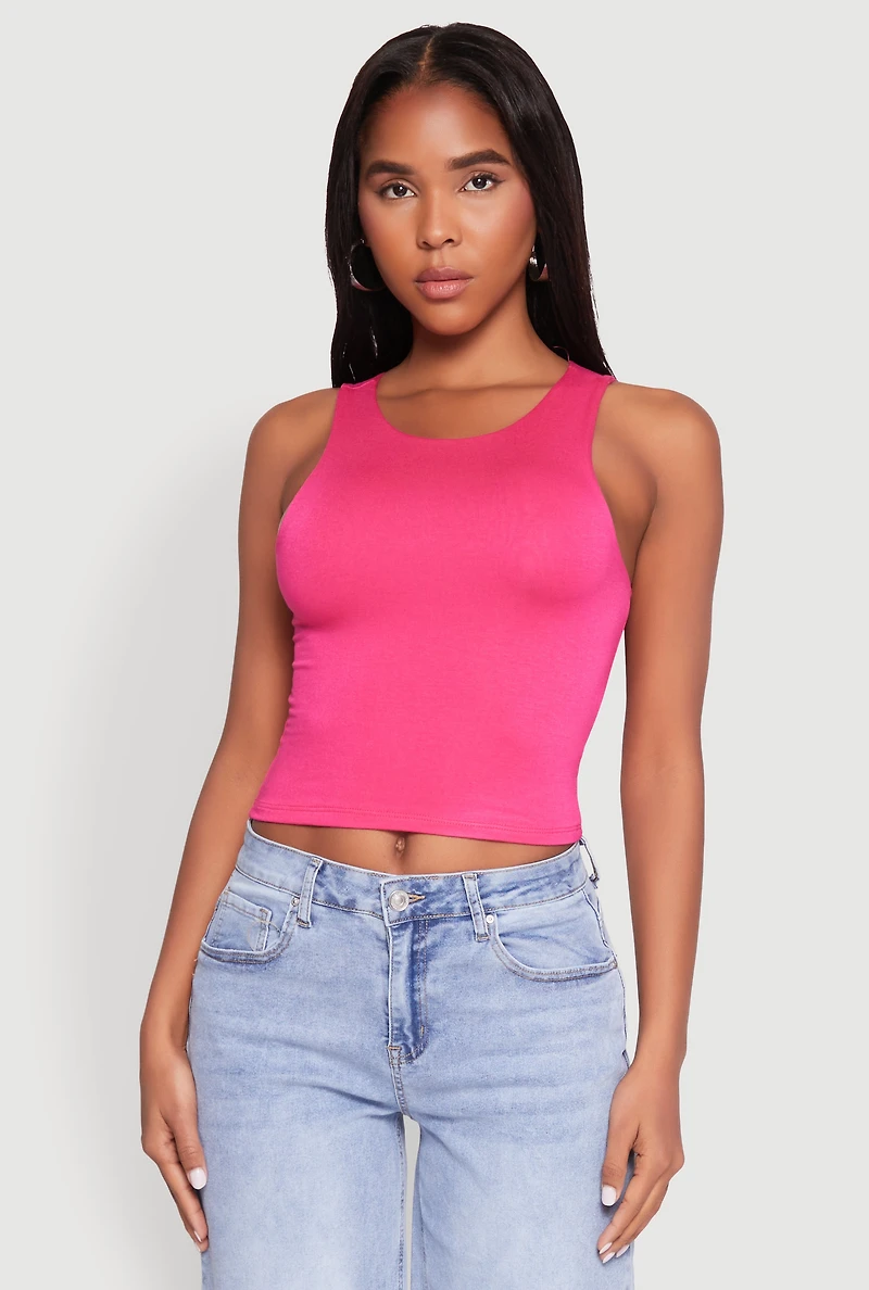 Womens Crew Neck Cropped Tank Top, Pink, Size L