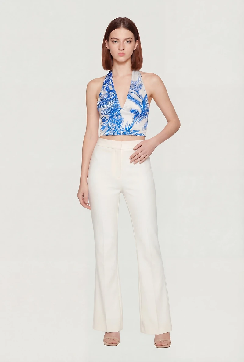 Patterned Smocked Back Cropped Halter Top