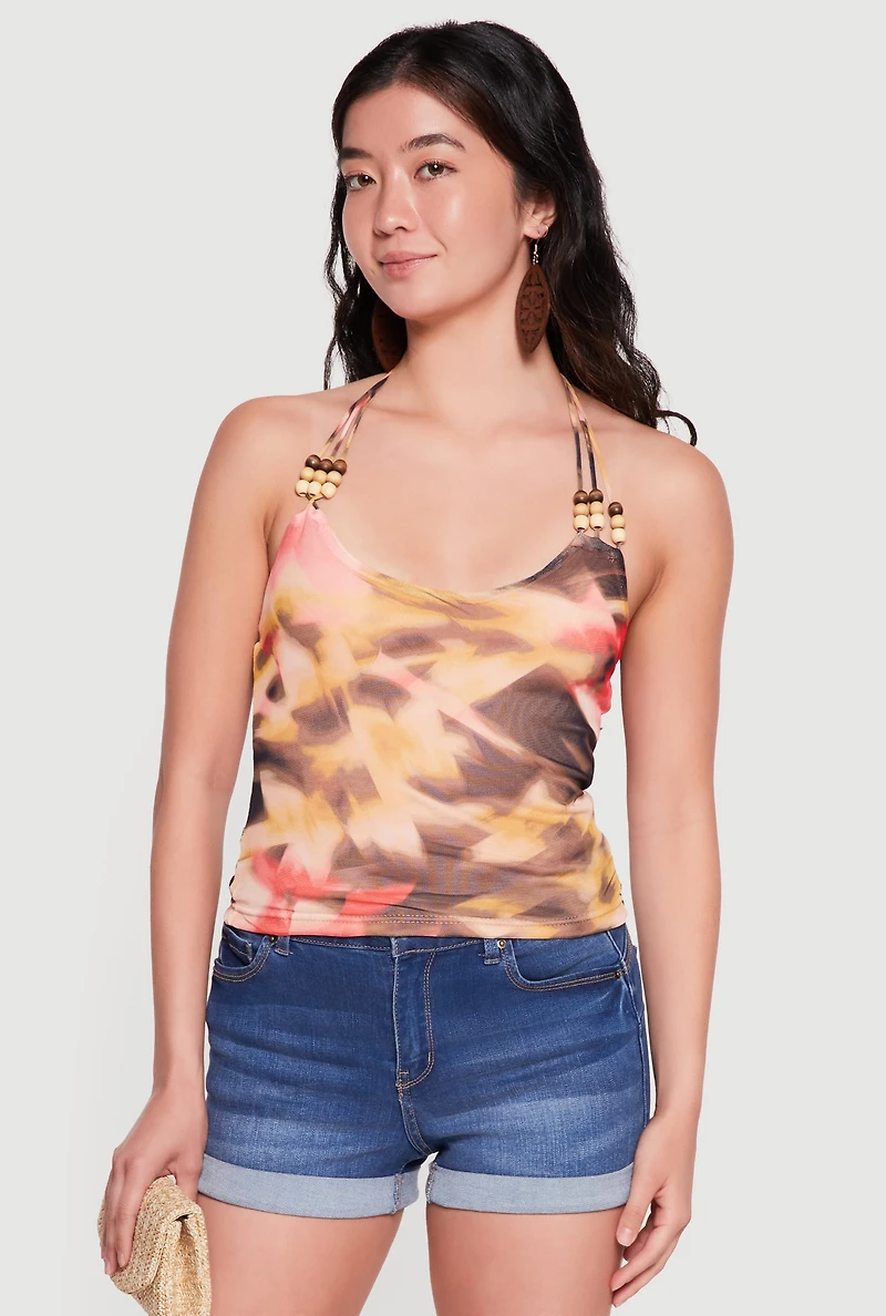 Printed Mesh Beaded Strappy Halter Top