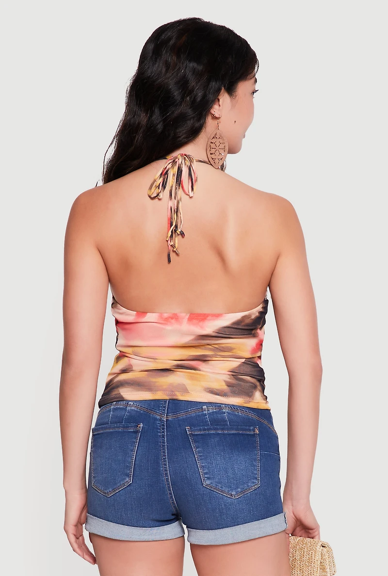 Printed Mesh Beaded Strappy Halter Top