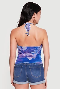 Printed Mesh Beaded Strappy Halter Top
