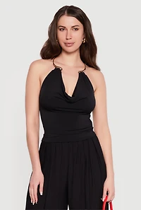 Cowl Neck Metallic Detail Halter Top
