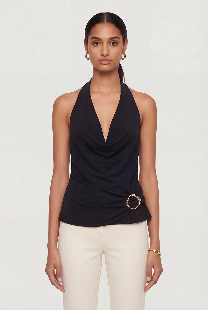 Metallic Detail Cowl Neck Halter Blouse