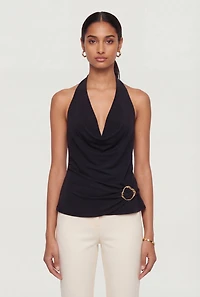 Metallic Detail Cowl Neck Halter Blouse