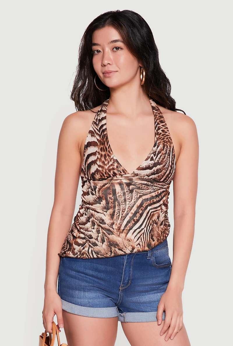 Leopard Print Asymmetrical Tie Back Halter Top