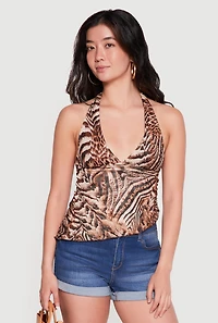 Leopard Print Asymmetrical Tie Back Halter Top