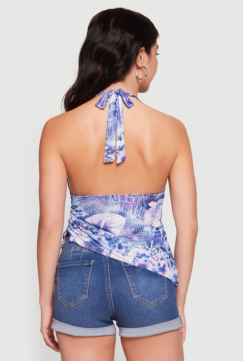 Leopard Print Asymmetrical Tie Back Halter Top