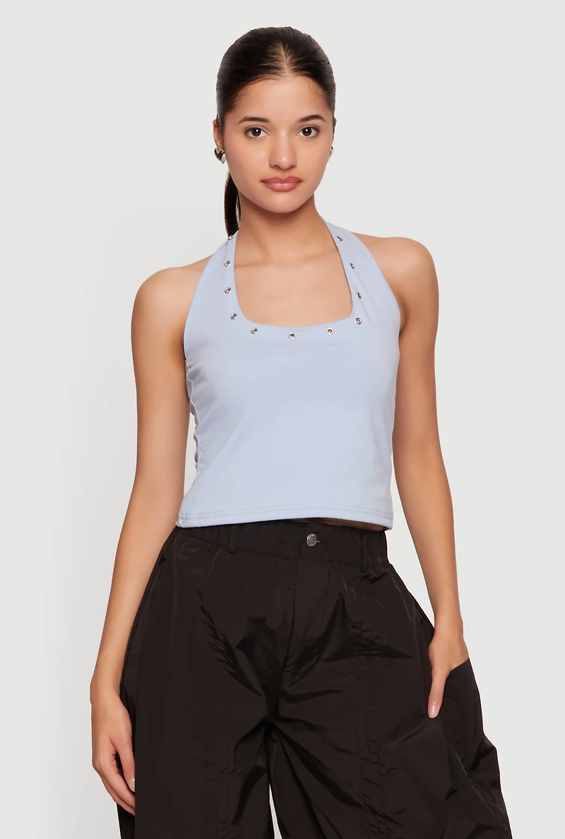 Grommet Detail Cropped Halter Top
