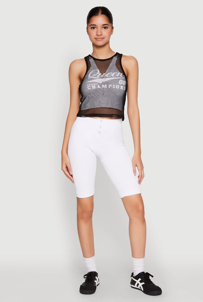 Womens Queen Champions Graphic Fishnet Crop Top, Black, Size L