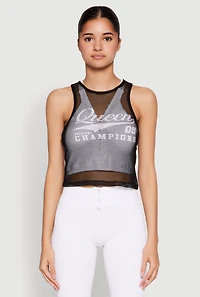 Womens Queen Champions Graphic Fishnet Crop Top,