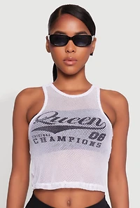 Womens Queen Champions Graphic Fishnet Crop Top, White, Size S