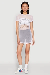Womens Brooklyn Graphic Fishnet Tunic Top, White, Size S