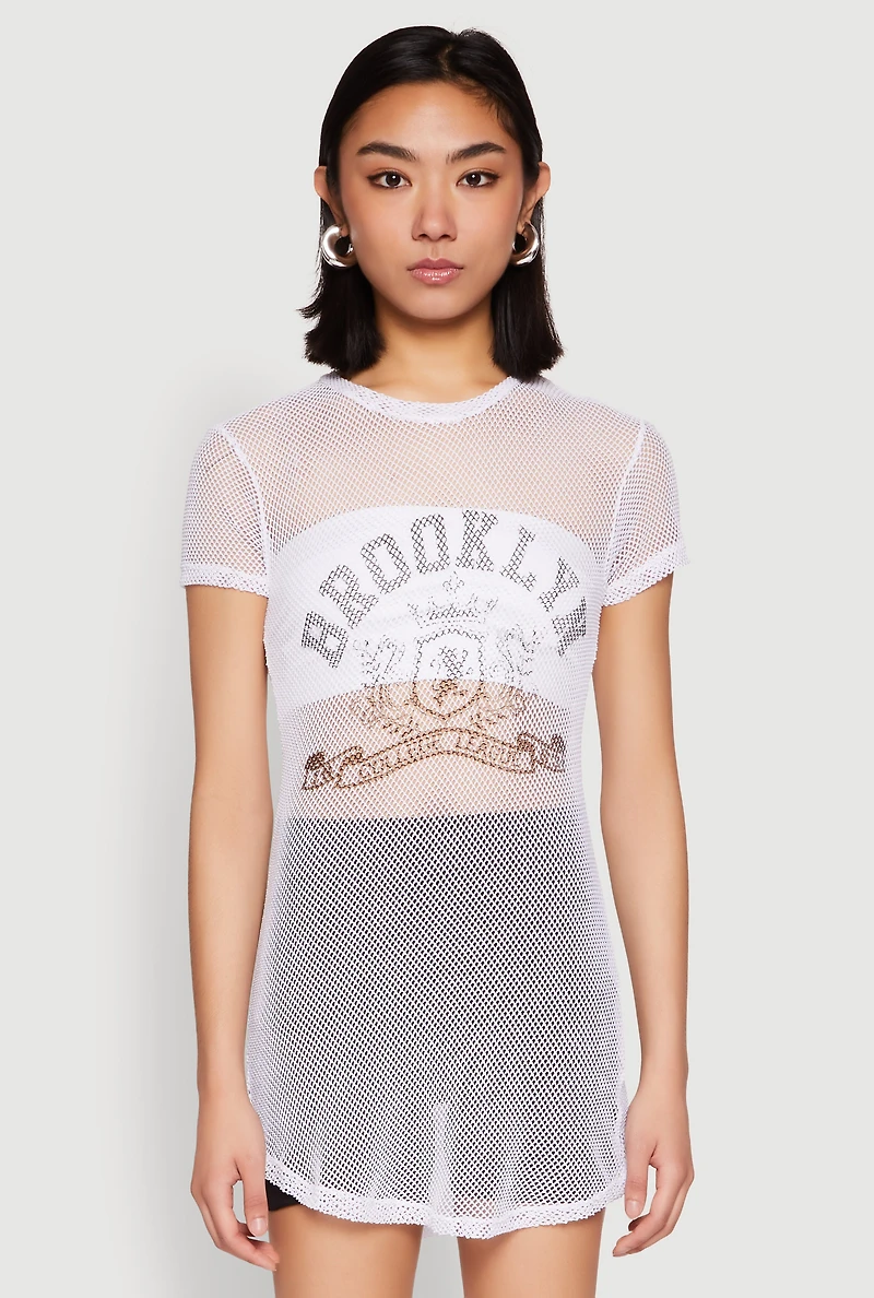 Womens Brooklyn Graphic Fishnet Tunic Top, White, Size S