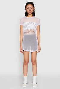 Womens Brooklyn Graphic Fishnet Tunic Top, White, Size S