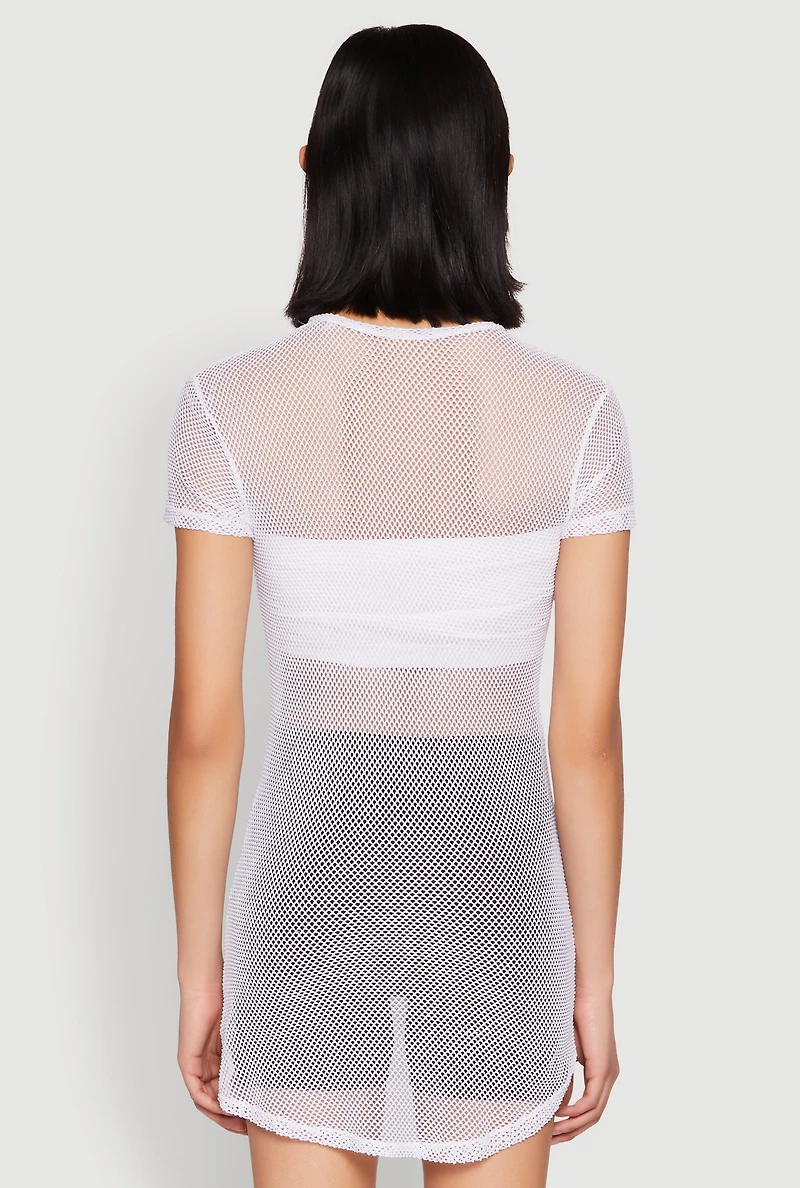 Womens Brooklyn Graphic Fishnet Tunic Top, White, Size S
