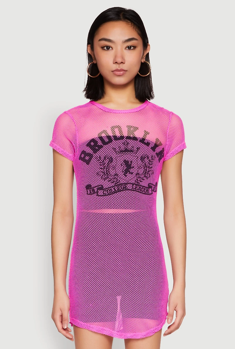 Womens Brooklyn Graphic Fishnet Tunic Top, Pink,