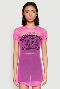 Womens Brooklyn Graphic Fishnet Tunic Top, Pink,