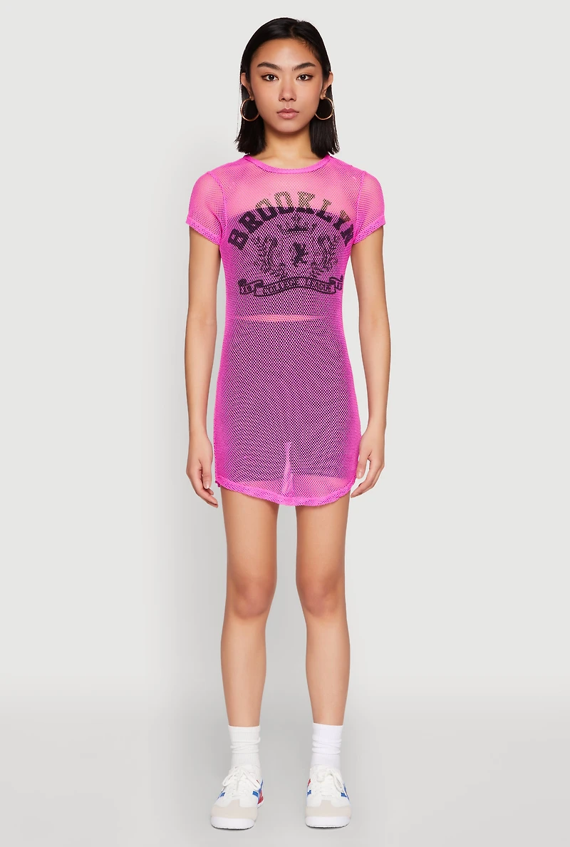 Womens Brooklyn Graphic Fishnet Tunic Top, Pink,