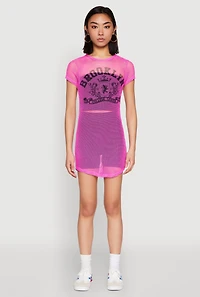 Womens Brooklyn Graphic Fishnet Tunic Top, Pink, Size S