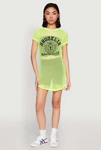 Womens Brooklyn Graphic Fishnet Tunic Top, Green, Size M