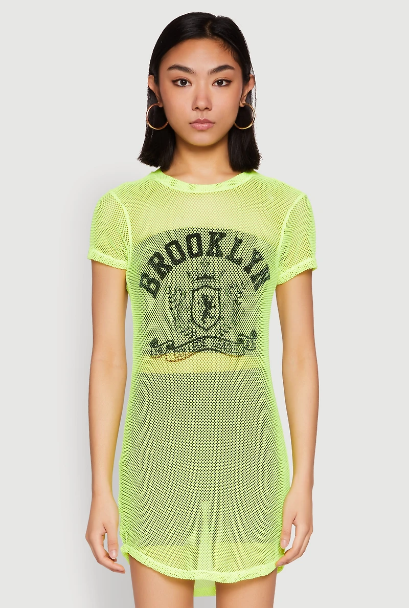 Womens Brooklyn Graphic Fishnet Tunic Top, M