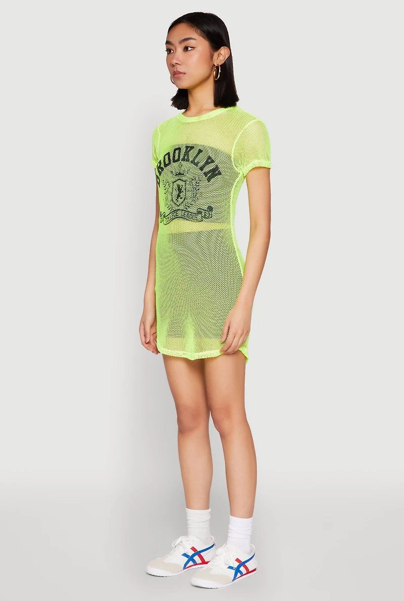 Womens Brooklyn Graphic Fishnet Tunic Top, Green, Size M