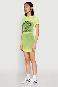Womens Brooklyn Graphic Fishnet Tunic Top, Green, Size M