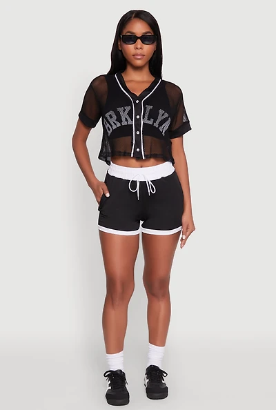 Womens Fishnet Brklyn Graphic Cropped Baseball Tee, Black, Size XL