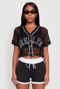 Womens Fishnet Brklyn Graphic Cropped Baseball Tee, Black, Size XL