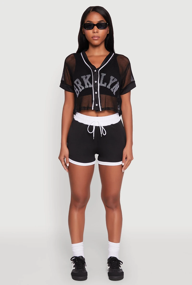 Womens Fishnet Brklyn Graphic Cropped Baseball Tee, Black, Size XL