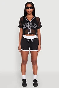 Womens Fishnet Brklyn Graphic Cropped Baseball Tee, Black, Size XL