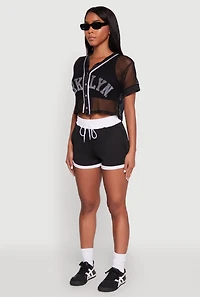 Womens Fishnet Brklyn Graphic Cropped Baseball Tee, Black, Size XL