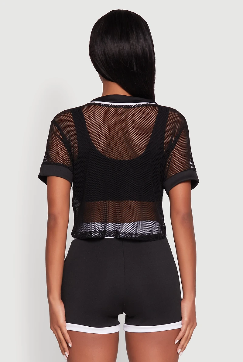 Womens Fishnet Brklyn Graphic Cropped Baseball Tee, Black, Size XL