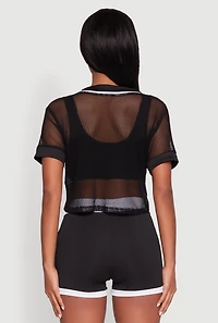 Womens Fishnet Brklyn Graphic Cropped Baseball Tee, Black, Size XL