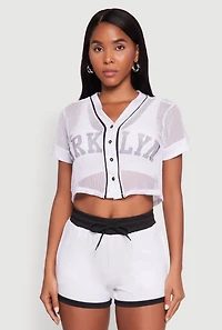 Womens Fishnet Brklyn Graphic Cropped Baseball Tee, White,